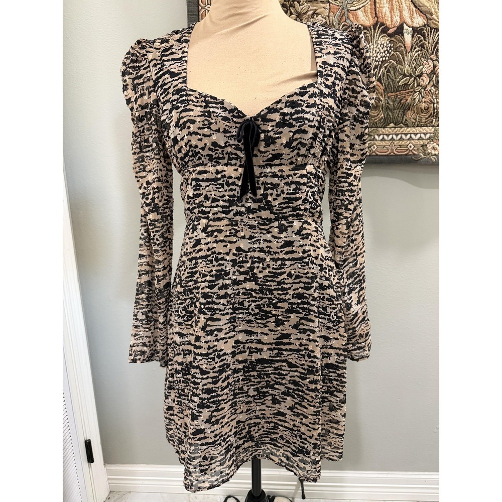 Zara Dress Womens S Beige Animal Print Square Neck Puff Sleeve Mini Chiffon